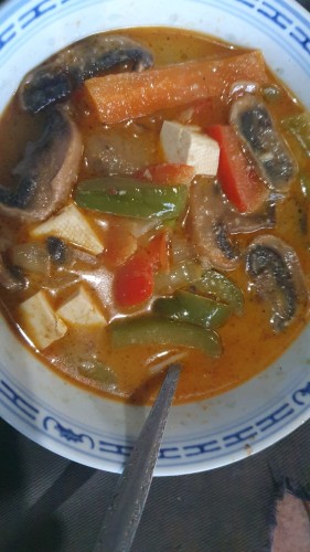 Thai Tom Kha soup, with carrots, mushrooms, red and green peppers, tofu, onion. Yummy it was.