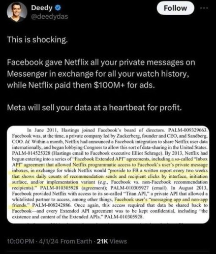 Facebook gave Netflix all your private messages on Messanger in exchange for alll your watch history while Netflix paid them $100m+ for ads. 

Meta will sell your data at a heartbeat for profit. 