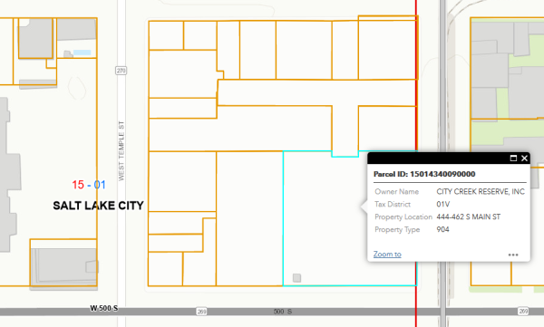 A parcel map of the block of Salt Lake City between West Temple, Main, 4th South, and 5th South. It is divided into a bunch of small parcels, but they are all owned by City Creek Reserve, Inc.