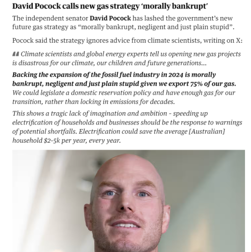 David Pocock calls new gas strategy ‘morally bankrupt’ 

The independent senator David Pocock has lashed the government’s new future gas strategy as “morally bankrupt, negligent and just plain stupid”. Pocock said the strategy ignores advice from climate scientists, writing on X: A4 Climate scientists and global energy experts tell us opening new gas projects is disastrous for our climate, our children and future generations... Backing the expansion of the fossil fuel industry in 2024 is morally bankrupt, negligent and just plain stupid given we export 75% of our gas. We could legislate a domestic reservation policy and have enough gas for our transition, rather than locking in emissions for decades. This shows a tragic lack of imagination and ambition - speeding up electrification of households and businesses should be the response to warnings of potential shortfalls. Electrification could save the average [Australian] household $2-5k per year, every year.