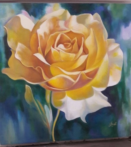 a painting of a large rose, in golden tones, a green blurred background, a really heavenly composition and mood 
