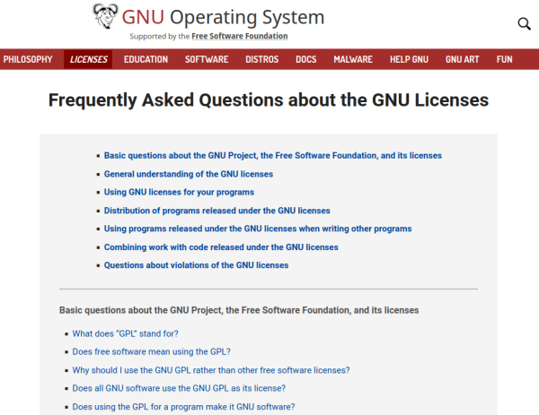 A screenshot of the "FAQ about the GNU licenses" page