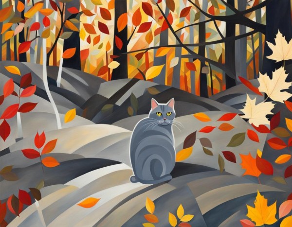 Grey cat in the autumn woods 