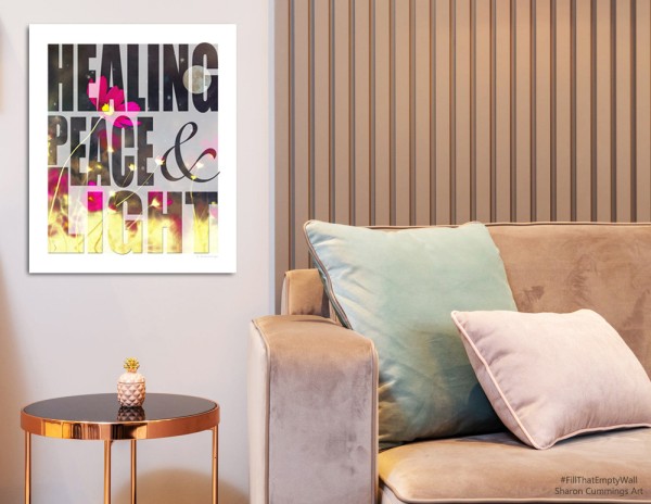 Colorful pink cosmos flowers spelling healing, peace & light by artist Sharon Cummings.