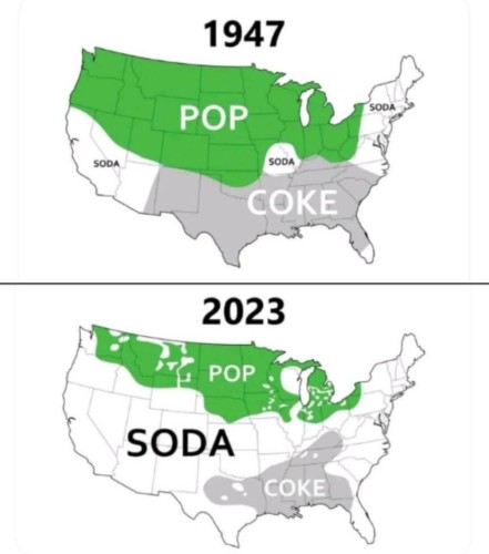 Two maps of the US, for 1947 and for 2023, showing green areas where people say "pop", white areas where people say "soda", and gray areas where people say "coke". In the 2023 version, the "soda" area has vastly expanded and has scattered settlements throughout the "pop" and "coke" areas.
