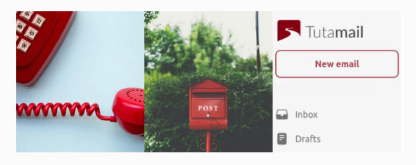 Picture of a red phone, a red post box, and Tuta Mail - in red!