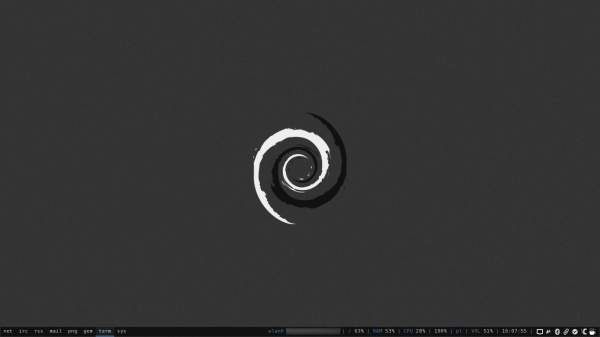 clean desktop - grey wallpaper with white and dark grey Debian logo - i3wm as window manager