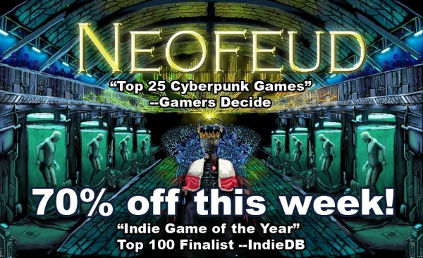 Neofeud is 70% off with title screen image of king on throne with clone vats behind