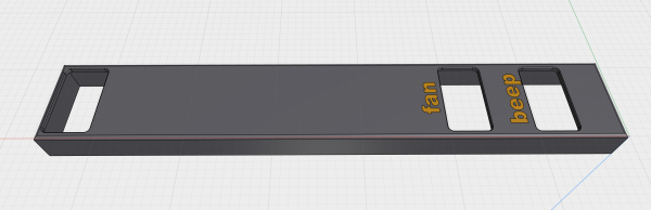 a screenshot from my modeling software showing a long grey rectangle with three rectangular holes in it. The two on teh right are labeled. The far right one says "beep" in orange, and the one beside it says "fan"