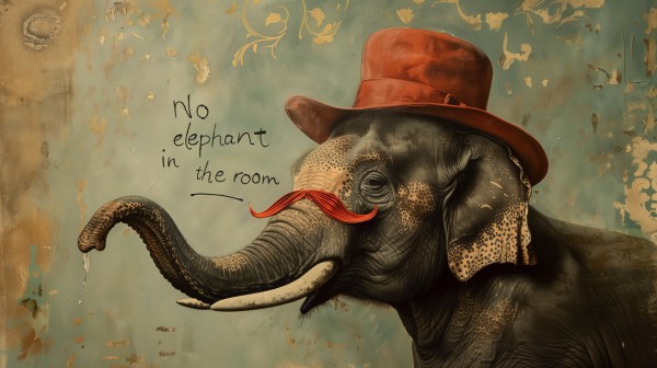 Elephant with red hat and fake mustache. Writing "No elephant in the room" at the wall.