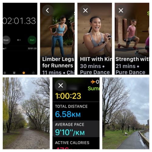 Five iOS screenshots and two photos
1) Timer app showing 2:01.33
2) Apple Fitness Limber Legs for Runners Yoga, 11 minutes.

3) Apple Fitness HIIT with Kim, 30 minutes.

4) Apple Fitness Strength with Sam, 21 minutes

5) Apple Fitness walking Details
Total Time: 1:00:23
Total Distance: 6.58 KM
Average Pace: 9’10”/KM

6) Tree-lined mud and gravel path with trees all starting to show leaves.

7) Path along the Rideau river on the right, trees, benches, on the right with grey skies and green grass.