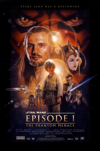 Poster art for Star Wars: Episode I (The Phantom Menace)

It's an illustrated collage of elements from the sci-fi/fantasy movie. 

In the very back, there's the face of an alien creature with red and black striped skin. There's a lens flare. There's a man with long hair and a beard. There's a woman with stark white face makeup and an ornamental headdress. In the very center is a small blond boy with shabby clothing. To the boy's right is a man wearing robes and holding a laser sword, as well as some sort of alien creature. To the boy's right are some robots and a shiny chrome space ship.