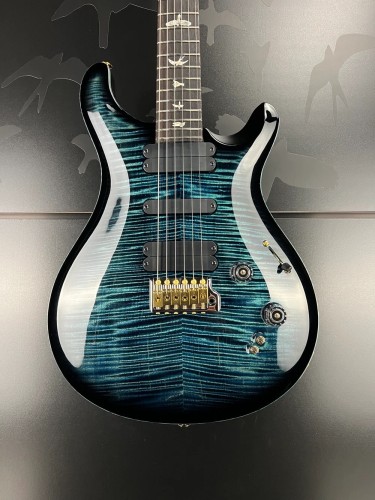 A gorgeous shiny PRS 509 electric guitar with a blue flamed maple black burst finish hanging on a wall with bird silhouettes on the wallpaper.