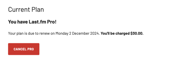 A screenshot of the Last.fm website saying I will be charged $30 