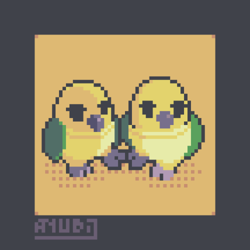 A Pixel Art Redraw featuring two birds close to each other, each lifting their leg closest to the other one, touching them together. They're holding hands.