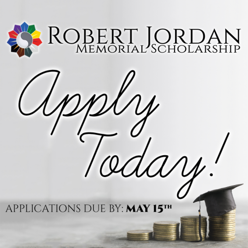 Right bottom corner has a small image of stacked coins with a student's cap. Text on the image reads: Robert Jordan Memorial Scholarship. Apply today! Applications due May 15.