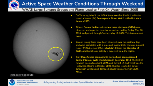 a slide from NOAA's space weather service, showing a large group of spots in the sun's surface, with lots of text next to it. the most important part is that it's the first severe (G4) storm watch issued since 2005.