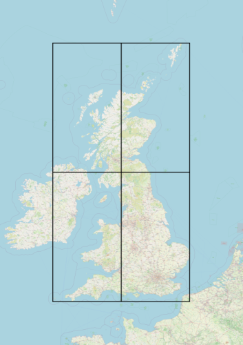 Map using OpenStreetmap data projected on EPSG:3034 showing the bounding box and centre point for the UK at a point in a field in the Southern borders of Scotland and England