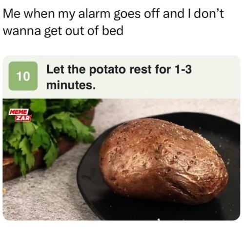 A picture of a potato on a plate, with the text "Me when my alarm goes off and I don't wanna get out of bed" - "Let the potato rest for 1-3 minutes"