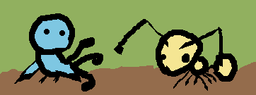 A very crude tiny bird and ant done in Kolourpaint. The bird's had is just a roundish blob with the outline thinned in one spot on the side to imply a beak. The crude circle-like freeform drawing forming the ant's head doesn't loop back on itself exactly, forming a small seam at the bottom that implies the line of a mouth.