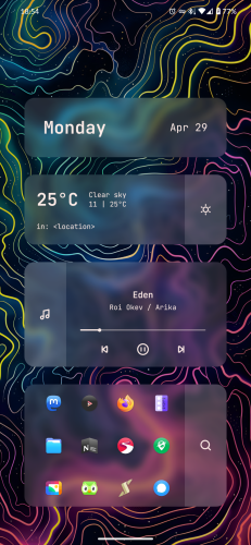 an Android homescreen with a dark background with what looks like map contour lines in a gradient of various shades of blue, green, pink and purple. on top of the background there are four rectangular panels with a frosted glass effect. the topmost panel shows the current date, the one below displays current weather conditions in my location, the one below it shows currently played song with a simple progress bar and playback controls, and the one on the bottom serves as a background for a 4 x 3 grid of my most used apps, including Firefox, Moshidon, Signal and Organic Maps.
