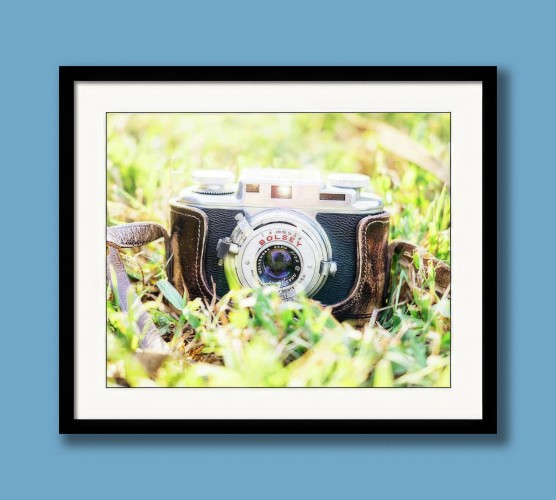 A charming vintage camera is shown in this photograph by contemporary artist/photographer Jon Woodhams. It is backlit by the sun and resting among blades of grass in an outdoor setting, and shown framed and on a wall.