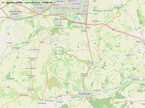 Map to the south of Swindon, with the first section of the ridgeway drawn. Leaving my "secret location" out of it.