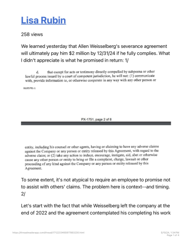 P1 of Lisa Rubin’s analysis of Allen Weisselberg’s TrumpOrg severance package agreement