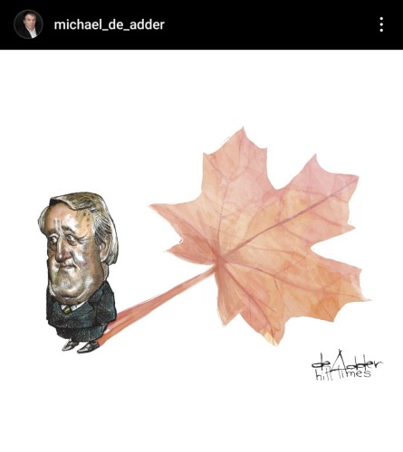 Canada's 18th Prime Minister, Brian Mulroney.  Standing with caring, pensive look on his face, casting the shadow of a red Maple leaf - symbol of Canada.