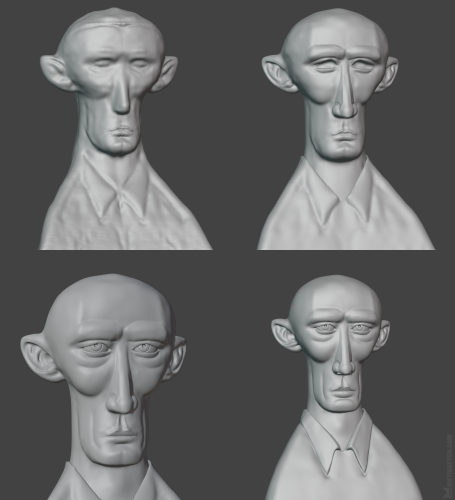 Work-in-progress impressions of a stylized 3D portrait.