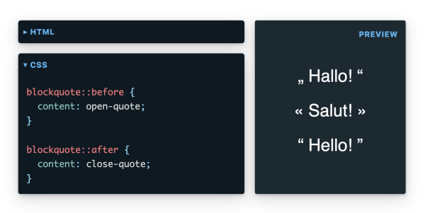 Code example showing that `content: open-quote` and `content: close-quote` are localized.
