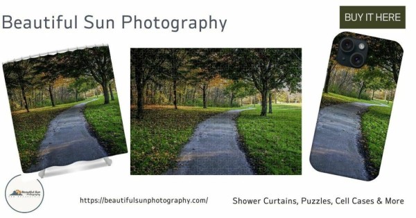 Promotional image displaying products adorned with a photograph of a winding path in Grant Park, Milwaukee, including a shower curtain, a jigsaw puzzle, and a cell phone case.  Image at:  https://beautifulsunphotography.com/featured/walk-in-grant-park-deb-beausoleil.html  See more art & blog at: https://beautifulsunphotography.com/ https://debbeautifulsunphotography.com/ https://www.zazzle.com/store/beautifulsun_designs https://debbeausoleil.com