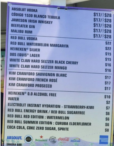 Long list of beverages at Coachella, very high prices