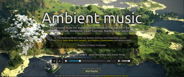 Capture d'écran de la page mentionnée, montrant un fond d'écran faisant penser à des montagnes dans Minecraft.
En avant-plan, un lecteur audio intégré à la page web.