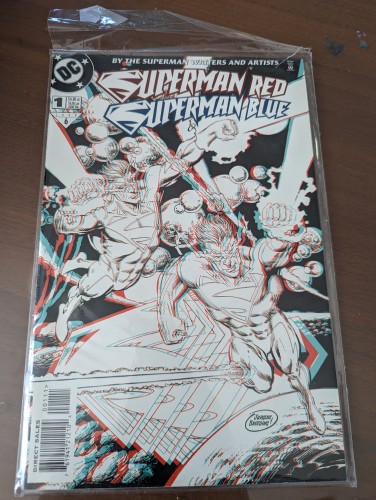 Photo of a comic book from my personal collection. Superman Red/Superman Blue. The cover has two Supermen from the era where he was made of energy. It requires 3D glasses to distinguish which is red and which is blue.