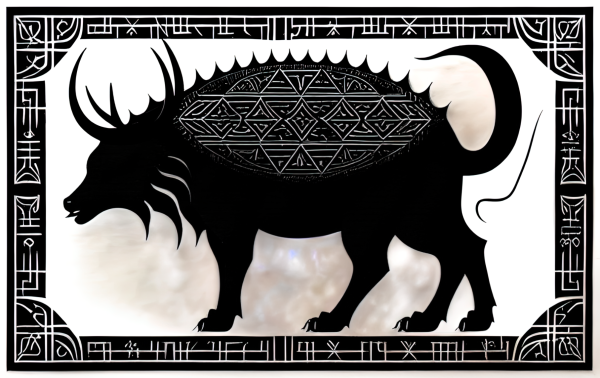 a stylized and geometrized illustration of a silhouetted quadruped in profile, mostly bovine and porcine, but with a predator's tail, all in a rectangular frame that looks like it could be made of stylized writing