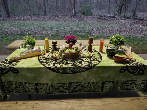 Outdoor altar with a green cloth, wooden bowl of tulips, antlers, and candles. 