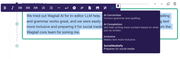 Screenshot of AI tool in rich text editor in Wagtail CMS