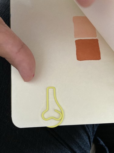O polegar de uma pessoa abre uma página com amostras de cores e um clipe de papel amarelo com a forma de um nariz.
