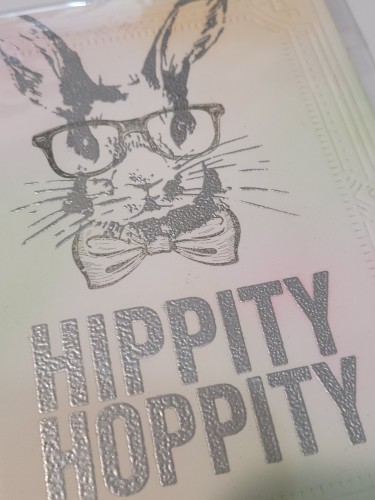 Card which has a bunny and the words "Hippity Hoppity" embossed on it.