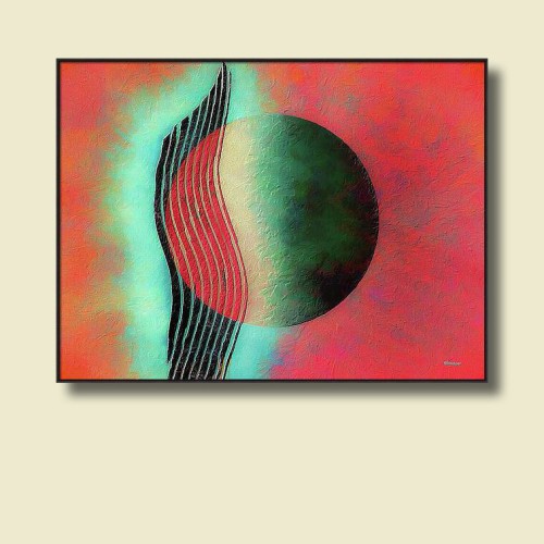 Shown on a wall, Number Twelve-Twenty, new work from contemporary artist/photographer Jon Woodhams. Employing bold colors in warm reds and oranges contrasted with color blue-green tones, the artwork shows a sphere overlaid by an undulating segmented vertical swoosh, with a glowing aura around it.