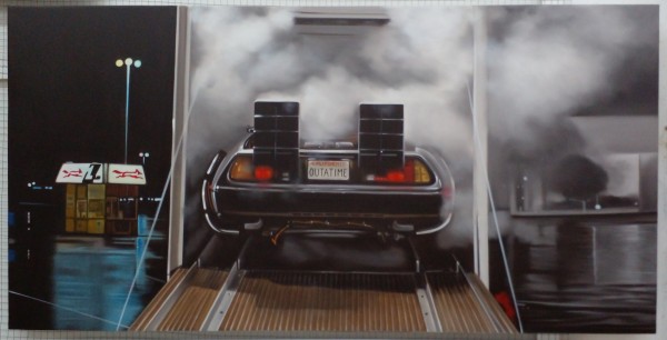 a painting of the car from back to the future, seen from behind in the transport truck, steam and smoke pouring out of it, in a dark parking lot 