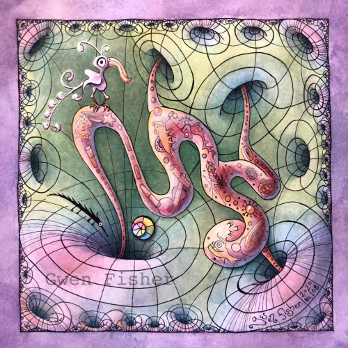 Painting of a surface of a fractal of holes that get smaller and smaller as they get closer to the square boundary. There’s a pink ooze flowing between the holes. The ooze contains various microbes including a waterbear with a head like a teddy bear, a bacteriophage, seahorse, diatoms, algae, and an angler fish. Standing atop the ooze is a goofy bird. A color wheel floats above the surface, and a single lizard marches into the largest hole. 