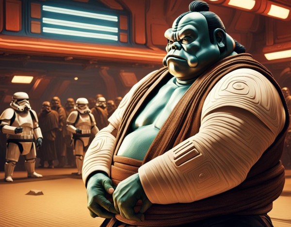 A green sumo wrestler in a star wars environment