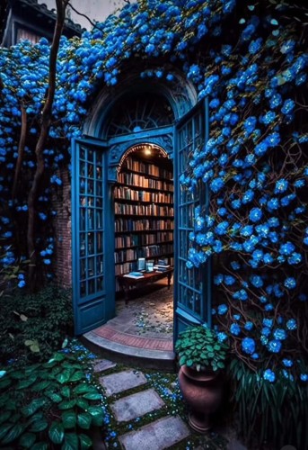 Ai Library. Coated by blue flowers. Some books haven't been returned and have late fees.
