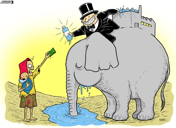 Cartoon, showing a poor person buying water from a rich business man, who sits on an elephant that drinks the available natural water in order to fill the business man's water bottles.