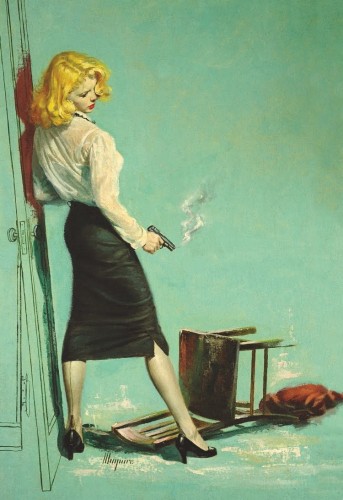 A sultry blonde woman stands over a toppled chair with a smoking gun. I don't know what the chair said to her, but it probably regrets it now.