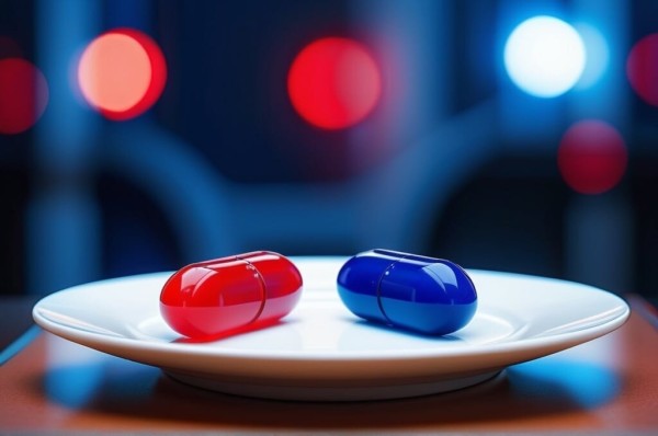 Two pills in a plate. In the background a deep rich voice says: "You take the blue pill: the story ends, you wake up in your bed and believe whatever you want to believe. You take the red pill: you stay in Wonderland and I show you how deep the rabbit hole goes..."