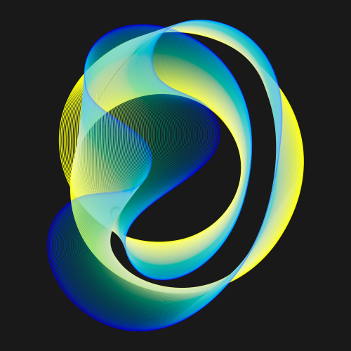 A wobbly shape made out of 100 closed curves with a dark background. The curves are calculated as the interpolation between two hobby curves, and the colors are interpolated between yellow and blue.