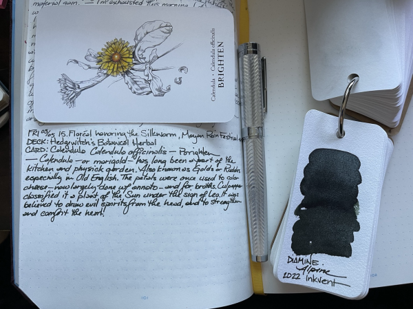 Open notebook with handwritten text from the post near the bottom of the page with additional text: “Calendula—or marigold—has long been a part of the kitchen and physick garden. Also known as Golds or Ruddes especially in Old English. The petals were once used to color cheese—now largely done with annato—and for broths. Culpepper classified it a plant of the Sun under the sign of Leo. It was believed to draw evil spirits out of the head and to strengthen and comfort the heart.” [from Mrs. Grieve’s Modern Herbal] above the text blocking the previous day’s writing is a large format card on it’s side showing a line drawing of the calendula plant. Only a bloom facing the viewer is colored in yellow. A silver toned herringbone chiseled fountain pen with a crescent moon motif around the bottom of the cap is laying on the yellow grosgrain ribbon book mark in the gutter of the notebook. On the black facing page a Col-o-ring swatch booklet is open to Alpine - a very dark olive green ink with a high amount of silver shimmer. 